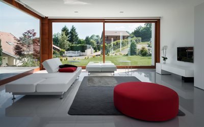 stylish living room design, minimalism in the living room, modern interior design, white glossy floor in the living room, white walls in the living room