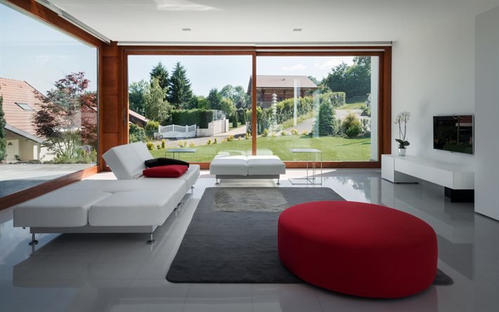 design elegante del soggiorno, minimalismo in soggiorno, interni dal design moderno, pavimento bianco lucido in soggiorno, pareti bianche in soggiorno