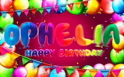 Buon compleanno Ofelia, 4k, cornice di palloncini colorati, nome di Ofelia, sfondo viola, buon compleanno di Ofelia, compleanno di Ofelia, nomi femminili americani popolari, concetto di compleanno, Ofelia