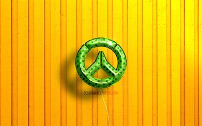Overwatch 3D logo, 4K, green realistic balloons, yellow wooden backgrounds, Overwatch logo, creative, Overwatch