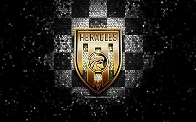 Heracles FC, glitter logo, Eredivisie, white black checkered background, soccer, Dutch football club, Heracles logo, mosaic art, football, Heracles Almelo