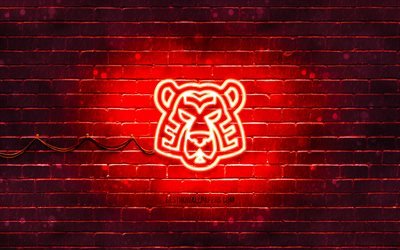 tiger neon icon, 4k, red background, neon symbols, tiger, creative, neon icons, tiger sign, animals signs, tiger icon, animals icons
