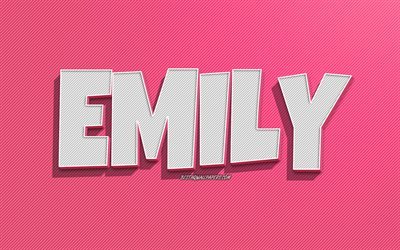 Emily, fond de lignes roses, fonds d&#39;&#233;cran avec des noms, nom d&#39;Emily, noms f&#233;minins, carte de voeux d&#39;Emily, dessin au trait, photo avec le nom d&#39;Emily