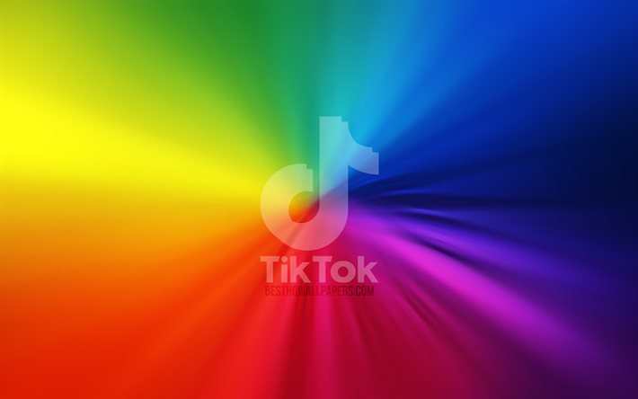 TikTok-logotyp, 4k, vortex, sociala n&#228;tverk, regnb&#229;gsbakgrunder, kreativ, konstverk, varum&#228;rken, TikTok