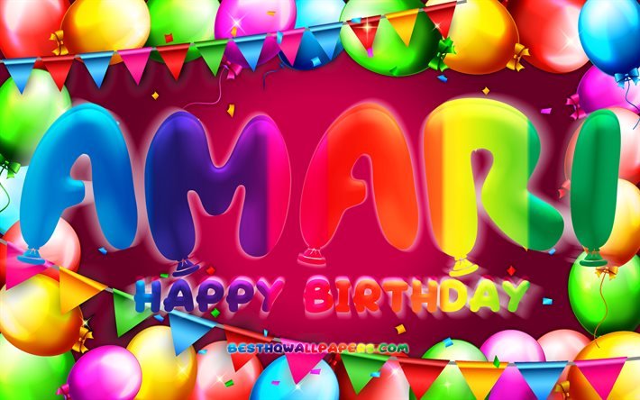 Joyeux anniversaire Amari, 4k, cadre ballon color&#233;, nom Amari, fond violet, Amari joyeux anniversaire, anniversaire Amari, noms f&#233;minins am&#233;ricains populaires, concept d&#39;anniversaire, Amari