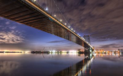Benjamin Franklin Bridge, Philadelphie, Delaware River Bridge, soir, coucher de soleil, Delaware River, Philadelphia cityscape, Pennsylvania, USA