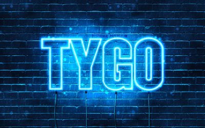 Tygo, 4k, fonds d&#39;&#233;cran avec des noms, nom Tygo, n&#233;ons bleus, joyeux anniversaire Tygo, noms masculins n&#233;erlandais populaires, photo avec le nom Tygo