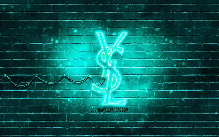 Yves Saint Laurent turquoise logo, 4k, turquoise brickwall, Yves Saint Laurent logo, fashion brands, Yves Saint Laurent neon logo, Yves Saint Laurent