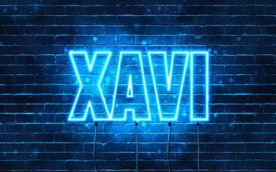Xavi, 4k, fonds d&#39;&#233;cran avec des noms, nom Xavi, n&#233;ons bleus, joyeux anniversaire Xavi, noms masculins n&#233;erlandais populaires, photo avec le nom Xavi