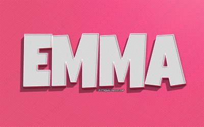 エマ, ピンクの線の背景, 名前の壁紙, エマの名前, 女性の名前, グリーティングカード, 線画, エマの名前の写真