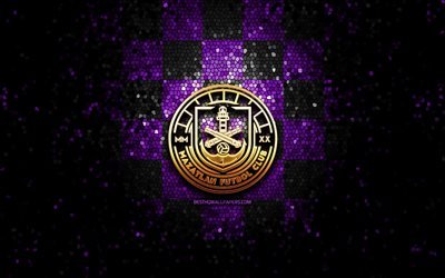 Mazatlan FC, glitter logo, Liga MX, violet black checkered background, soccer, mexican football club, Mazatlan logo, mosaic art, football, FC Mazatlan