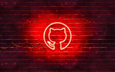 Logotipo vermelho do Github, 4k, parede de tijolos vermelhos, logotipo do Github, redes sociais, logotipo de n&#233;on do Github, Github