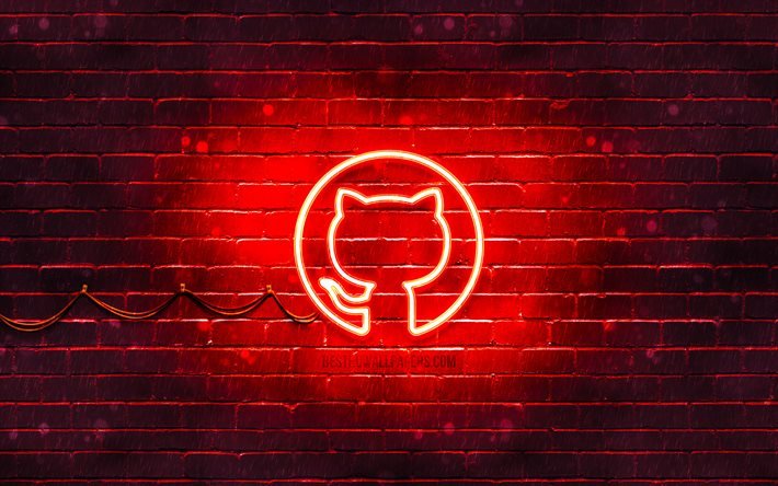 github rotes logo, 4k, rote backsteinmauer, github logo, soziale netzwerke, github neon logo, github