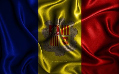 Bandiera di Andorra, 4k, bandiere ondulate di seta, paesi europei, simboli nazionali, bandiera di Andorra, bandiere in tessuto, arte 3D, Andorra, Europa, bandiera 3D di Andorra