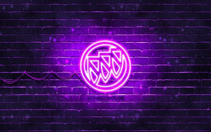 Logotipo da Buick violeta, 4k, parede de tijolos violeta, logotipo do Buick, marcas de carros, logotipo do Buick neon, Buick