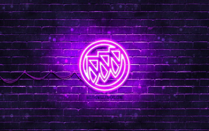 Buick violet logo, 4k, violet brickwall, Buick logo, cars brands, Buick neon logo, Buick