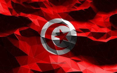 4k, tunisisk flagga, l&#229;g poly konst, afrikanska l&#228;nder, nationella symboler, Tunisiens flagga, 3D-flaggor, Tunisien, Afrika, Tunisien 3D-flagga