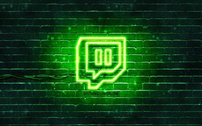 Logo verde di Twitch, 4k, muro di mattoni verde, logo di Twitch, social network, logo al neon di Twitch, Twitch