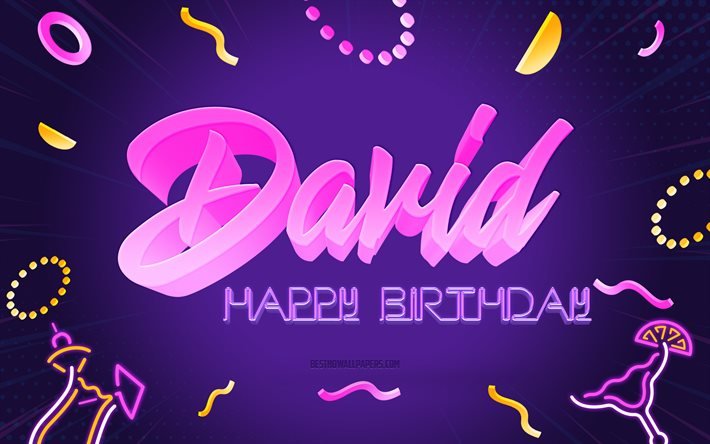 お誕生日おめでとうデビッド, 4k, 紫のパーティーの背景, デイビッド, クリエイティブアート, デビッドの誕生日おめでとう, デビッド名, デビッドバースデー, 誕生日パーティーの背景