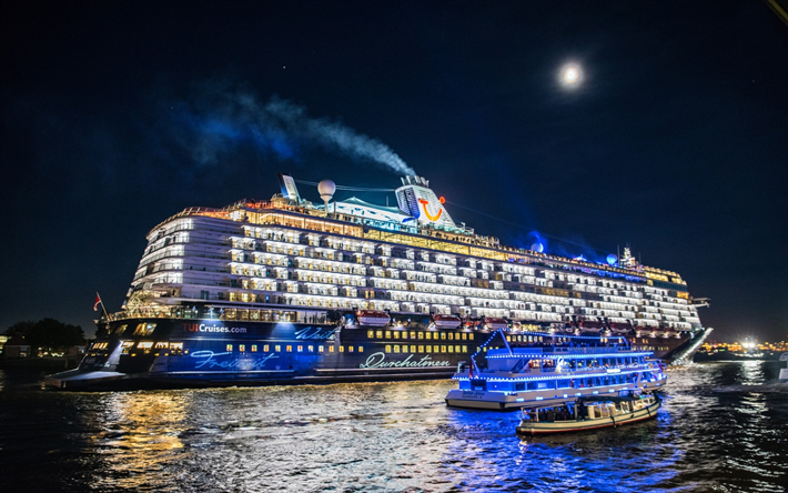 Elbe Nehri, yolcu gemisi, gemi, gece, Hamburg, Almanya
