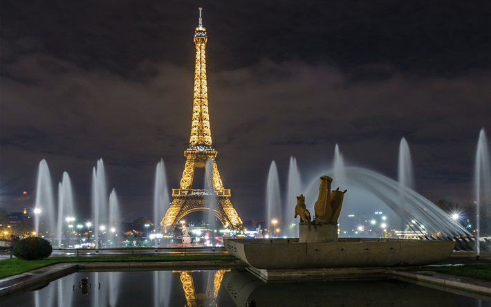 Paris, Eiffel Tower, night, fountains of Paris, night lights, attractions of Paris, France