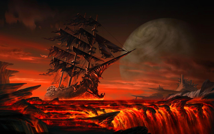 pirates, fiery river, pirate ship, waterfall, moon