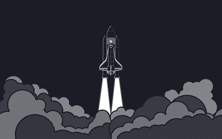 space shuttle, rocket, startup concepts, minimalism startup, smoke, clouds