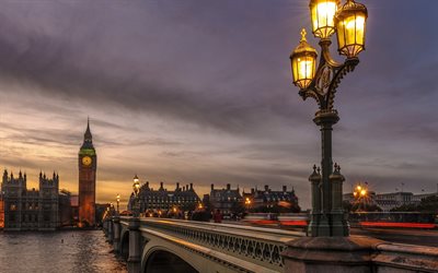 Westminster Bridge, Lontoo, Big Ben, Thames, illalla, n&#228;ht&#228;vyydet Lontoo, UK