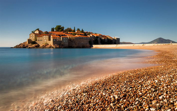 Saint Stefan, houses, resort in Montenegro, Adriatic Sea, Budva Riviera, summer, sea, beach, Budva, Montenegro