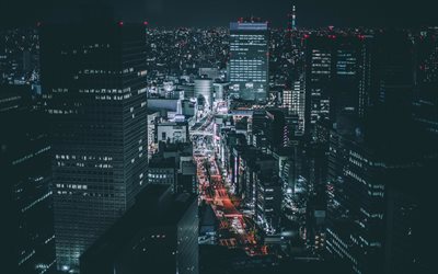 4k, Tokyo, natt, skyskrapor, Asien, Japan