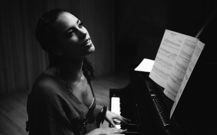 Alicia Keys, 4k, la cantante Americana, ritratto, pianista, di canto, di donna, pianoforte a coda, bella donna