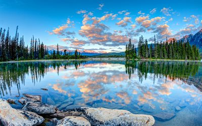Patricia Lake, sunset, 4k, Pyramid Mountain, canadian landmarks, Jasper National Park, Canada