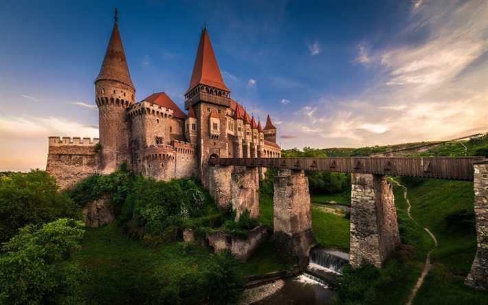 Corvin Castle, ancient castle, sunset, Transylvania, Romania, bridge, stone castle