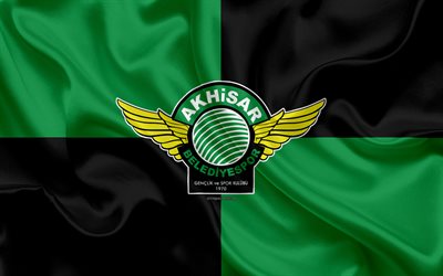 Akhisar Belediyespor, 4k, الأخضر الحرير الأسود شعار العلم, التركي لكرة القدم, الفن, الإبداعية, Akhisar, تركيا, كرة القدم, نسيج الحرير