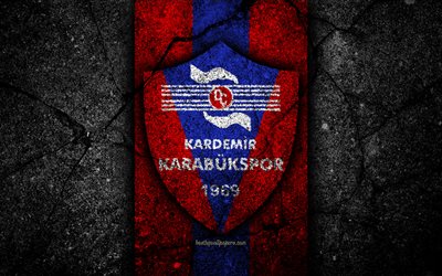 Karabukspor FC, 4k, logo, football, Turkish Lig, black stone, Turkey, soccer, emblem, Karabuk, Turkish football club