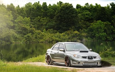 Subaru Impreza WRX STI, lowrider, grigio berlina di lusso wheels, tuning Impreza, le automobili Giapponesi, Subaru