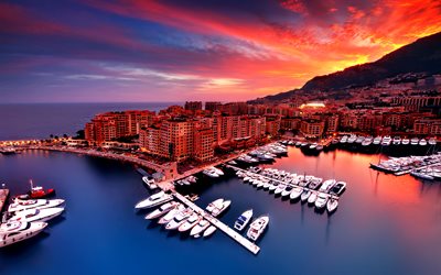 4k, Monte-Carlo, harbor, panorama, sunset, Europe, Monaco