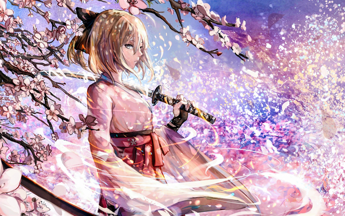 Fate Grand Order, Sakura, Katana, Japanese sword, characters, Japanese manga, art
