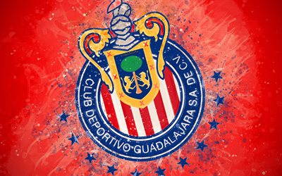 CD Chivas Guadalajara, 4k, paint taidetta, luova, Meksikon jalkapallo joukkue, Liga MX, logo, tunnus, punainen tausta, grunge-tyyliin, Guadalajara, Meksiko, jalkapallo