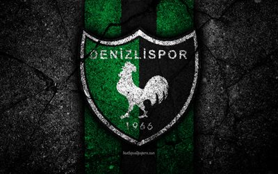 Denizlispor FC, 4k, logo, futebol, Turco Lig, pedra preta, A turquia, emblema, Denizlispor, a textura do asfalto, Denizli, Turco futebol clube