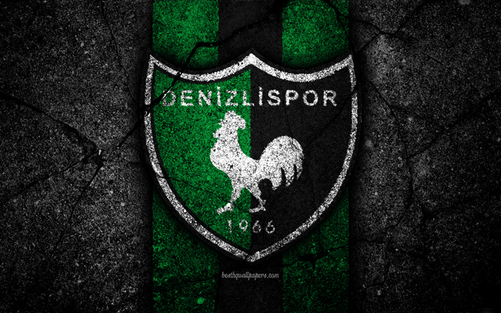 Denizlispor FC, 4k, logo, futbol, T&#252;rk Lig, siyah taş, T&#252;rkiye, Futbol, amblem, Denizlispor, asfalt doku, Denizli, T&#252;rk Futbol Kul&#252;b&#252;