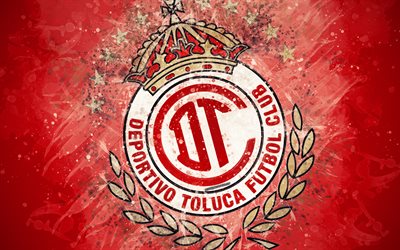 Deportivo Toluca FC, 4k, paint taidetta, luova, Meksikon jalkapallo joukkue, Liga MX, logo, tunnus, punainen tausta, grunge-tyyliin, Toluca de Lerdo, Meksiko, jalkapallo