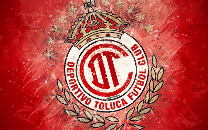 Deportivo Toluca FC, 4k, pintura, arte, creativo, Mexicana de f&#250;tbol, de la Liga MX, logotipo, emblema, fondo rojo, estilo grunge, Toluca de Lerdo, M&#233;xico, el f&#250;tbol
