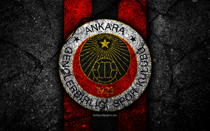 Genclerbirligi FC, 4k, logo, futebol, Turco Lig, pedra preta, A turquia, emblema, Genclerbirligi, a textura do asfalto, Ancara, Turco futebol clube