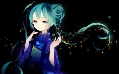 Hatsune Miku, Vocaloid, art, bleu kimono, le personnage principal, manga japonais