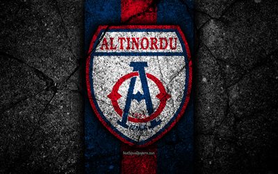 Altinordu FC, 4k, logo, football, Turkish Lig, black stone, Turkey, soccer, emblem, Altinordu, asphalt texture, Izmir, Turkish football club