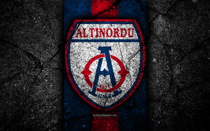 Altinordu FC, 4k, logo, football, Turkish Lig, black stone, Turkey, soccer, emblem, Altinordu, asphalt texture, Izmir, Turkish football club
