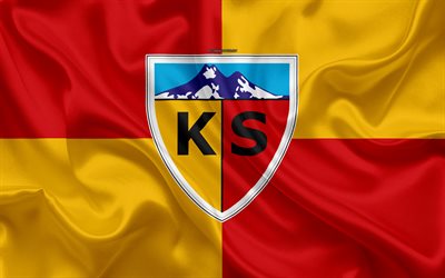 Kayserispor, 4k, keltainen punainen silkki lippu, logo, Turkkilainen jalkapalloseura, art, luova, Kayseri, Turkki, jalkapallo, silkki tekstuuri