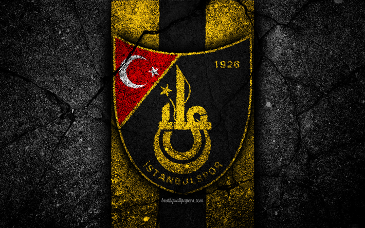 İstanbulspor FC, 4k, logo, futbol, T&#252;rk Lig, siyah taş, T&#252;rkiye, Futbol, amblem, İstanbulspor, asfalt doku, İstanbul, T&#252;rk Futbol Kul&#252;b&#252;