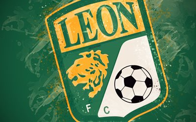 Club Leon, 4k, peinture d&#39;art, de cr&#233;ation, Mexicain de l&#39;&#233;quipe de football, la Liga MX, logo, fond vert, style grunge, Leon, au Mexique, en football